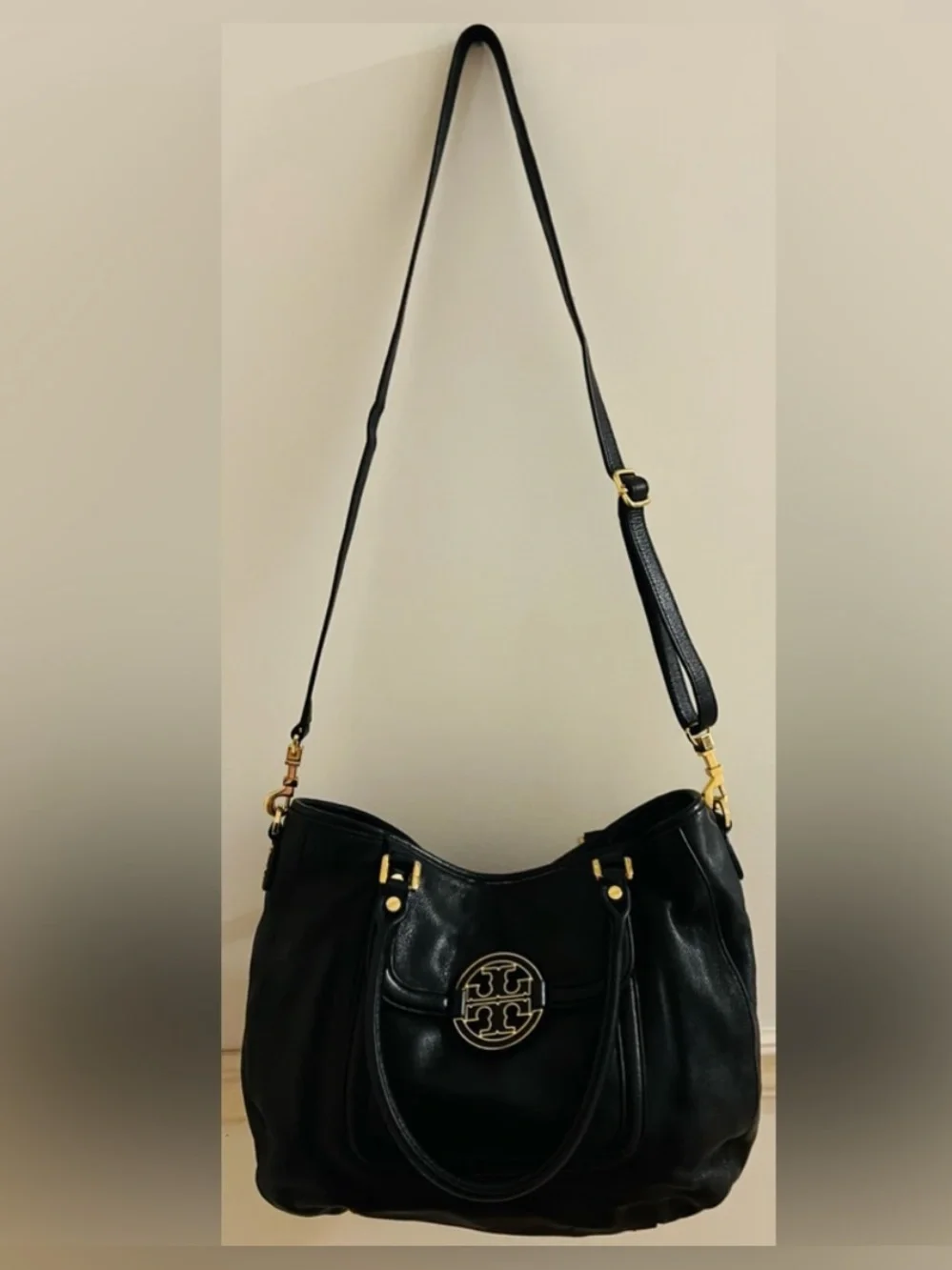 Tory Burch ~ AMANDA ~ Black Leather Tote with Gold Logo Medallion